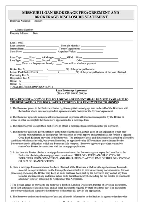 Fillable Missouri Loan Brokerage Fee Agreement And Brokerage Disclosure