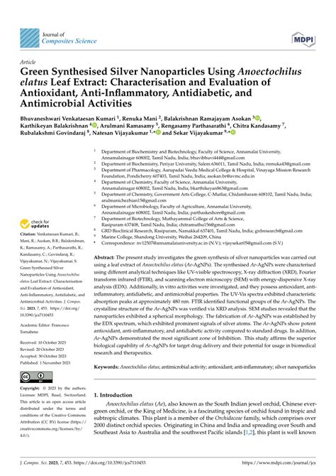 PDF Green Synthesised Silver Nanoparticles Using Anoectochilus Elatus