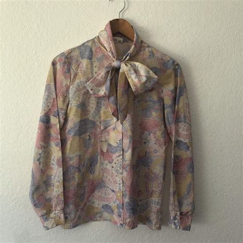 Vintage Late 70s Pussy Bow Button Up Pastel Pink And Depop