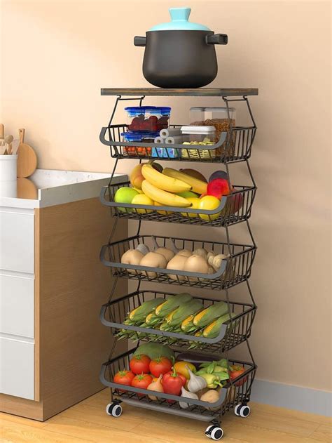 Storage Baskest Stand With Wood Top Tier Stackable Kitchen Metal