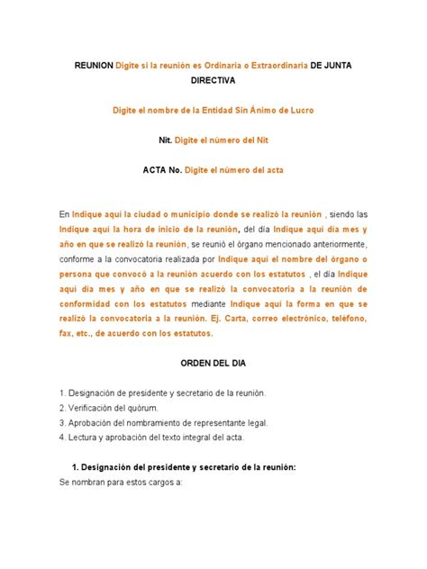 Modelo Acta De Junta Directiva Para Nombramiento De Representante Legal