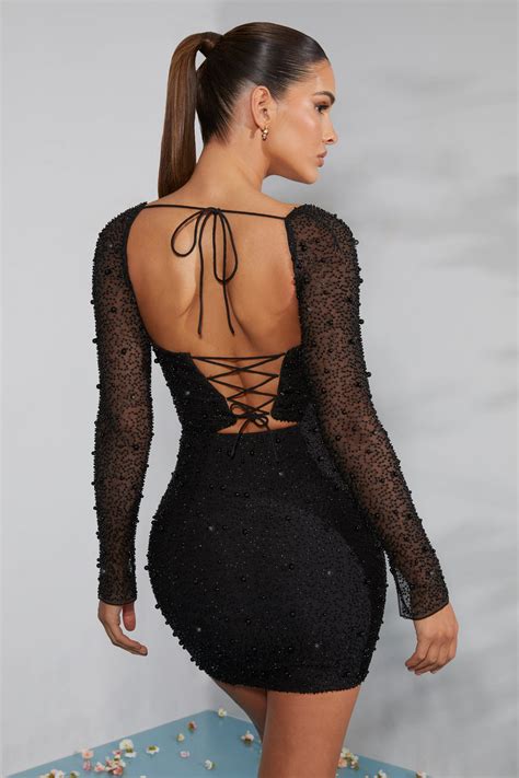 Milan Long Sleeve Embellished Corset Mini Dress In Black Oh Polly