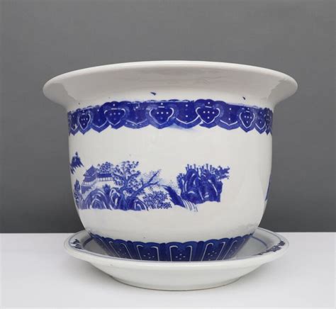 China Porzellan Blumentopf Blau Weiß mit Landschaft Ø 33cm Yajutang