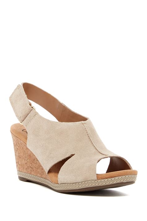 Clarks Suede Helio Float 4 Platform Wedge Sandal Wide Width Available In Sand Suede Natural