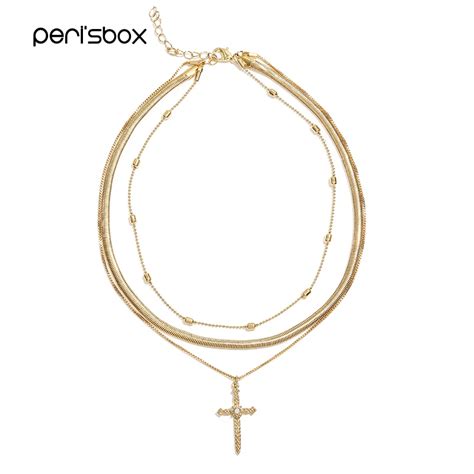 Perisbox Gold Color Delicate Crystal Cross Choker Necklace For Women Dainty Three Layering