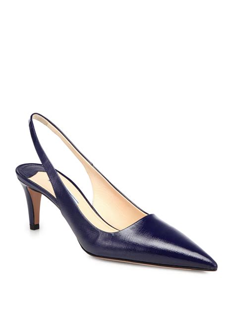 Prada Saffiano Patent Leather Slingback Pumps In Blue Baltico Navy Lyst