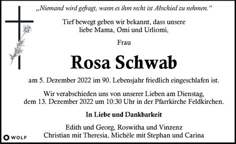 Traueranzeigen Von Rosa Schwab Trauer Kleinezeitung At