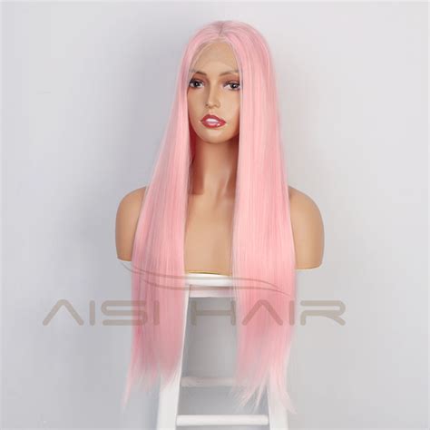 Aisi Hair 26 Inch Long Silky Straight Pink Wig Natural Straight Swiss