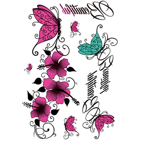 Yeeech Temporary Tattoo Sticker Paper Buttefly Flower Vine Pink Blue