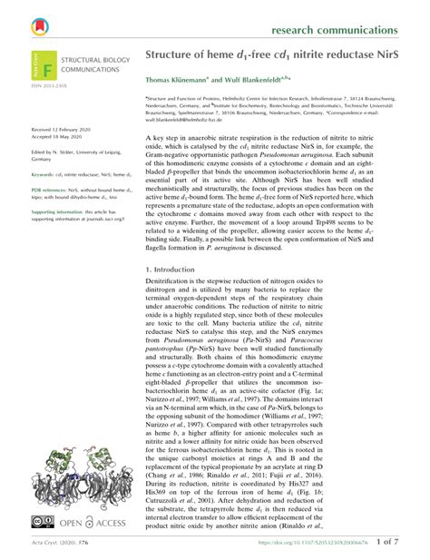 Pdf Structure Of Heme D Free Cd Nitrite Reductase Nirs