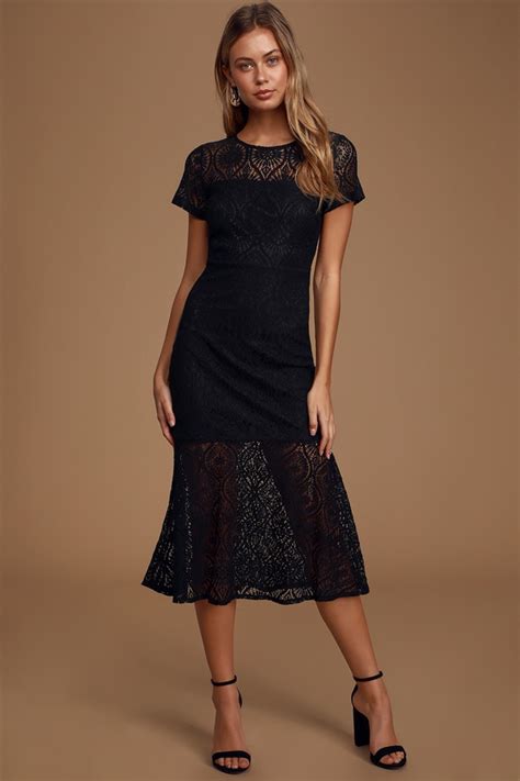 Chic Black Lace Dress Lace Midi Dress Lace Trumpet Dress Lulus