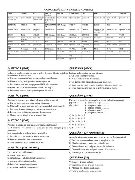 Questoes Sobre Concordancia Verbal E Nominal - Concordância Verbal e Nominal: Questões | PDF | Assunto (gramática)