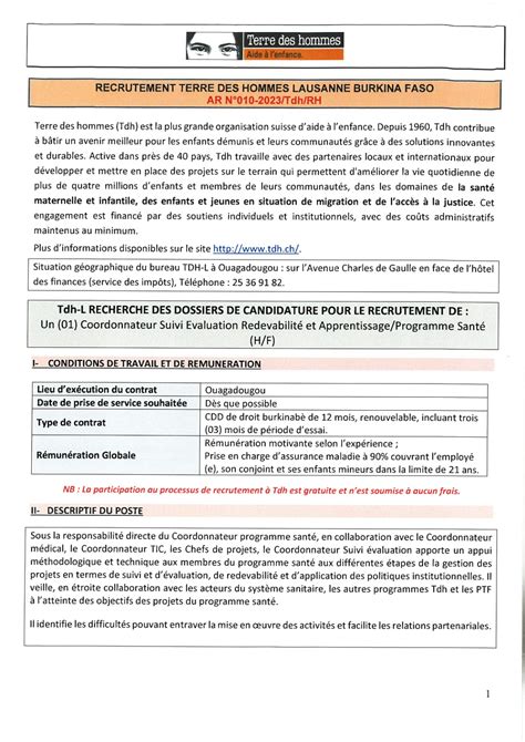 Terre Des Hommes Tdh Recrute Un Coordinateur Suivi Valuation