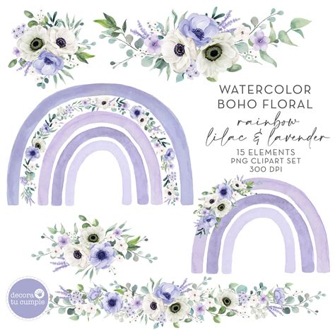 Boho Rainbow Floral Watercolor Lilac And Lavender Digital Clipart Set