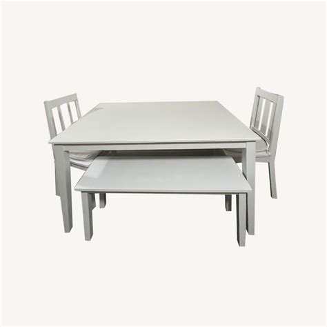 White Wooden Dining Table, Chairs and Bench - AptDeco