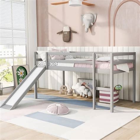 Harper And Bright Designs Gray Twin Size Wood Loft Bed With Slide And