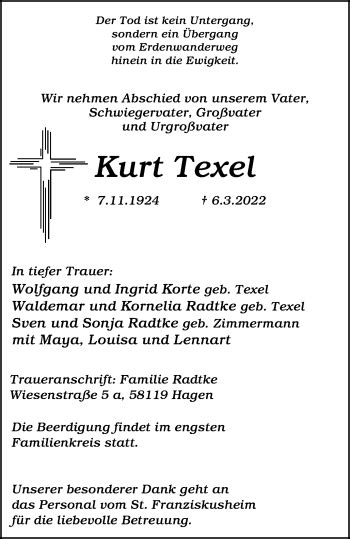 Traueranzeigen Von Kurt Texel Trauer In Nrw De