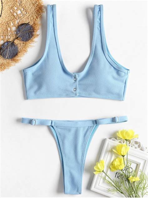 [25 Off] 2021 Ribbed Snap Button Thong Bikini Set In Day Sky Blue Zaful