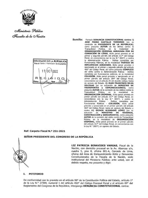 Denuncia Constitucional Presentada Por La Fiscal De La Nación Contra El