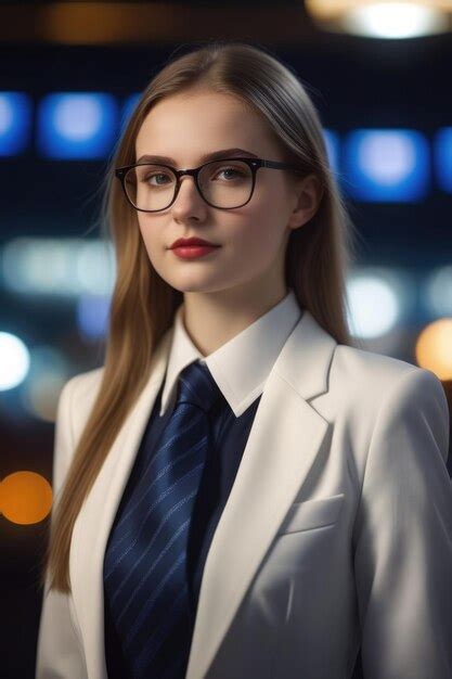 Premium Photo A Pretty European Girl In A Suit And Glasses On A Night Background