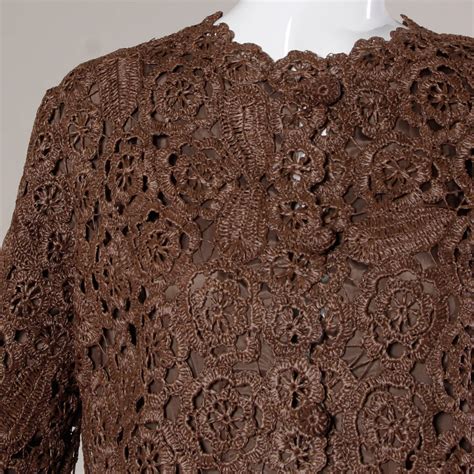 1960s Brown Scalloped Hand Crochet Raffia Lace Jacket Or Coat For Sale