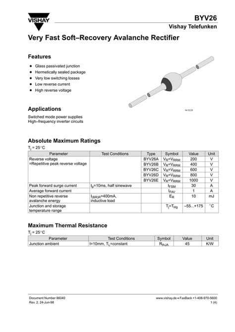 Original Diode Rectifier Ic Byv V New Vishay Semiconductors Pdf