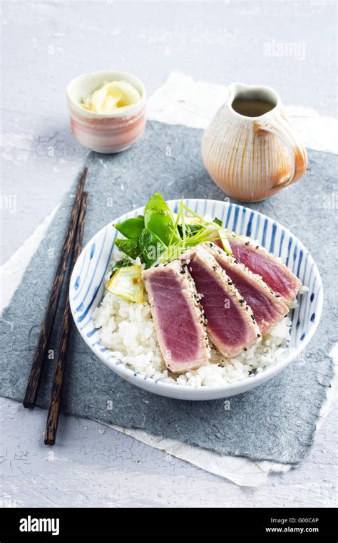 Tuna Tataki With Rice And Vegetable Stock Photo Alamy