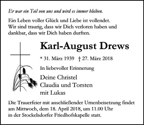 Traueranzeigen Von Karl August Drews Trauer Anzeigen De