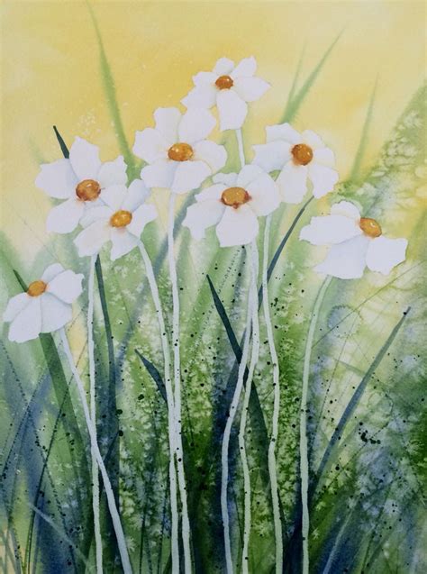 White flowers, watercolor using salt, splatter, wet-in-wet, masking ...