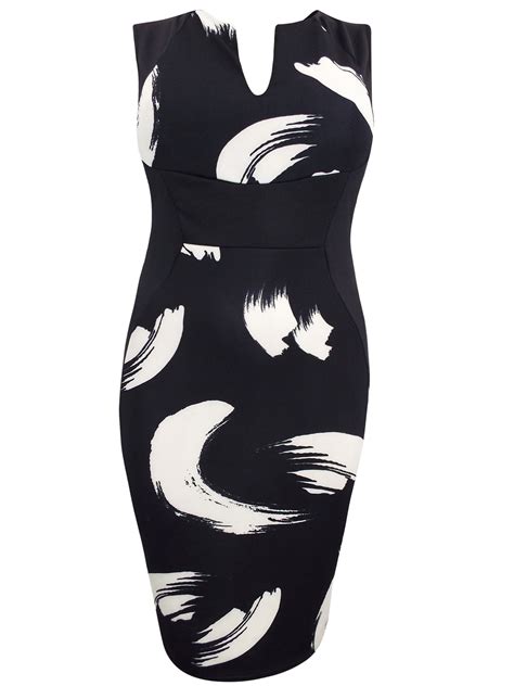 Praslin Praslin Black Stroke Print Curvy Contrast Panel Illusion Pencil Dress Plus Siz