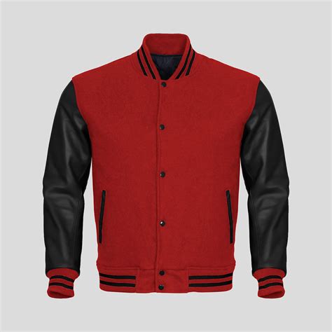 Black Faux Leather Sleeves Red Wool Varsity Jacket