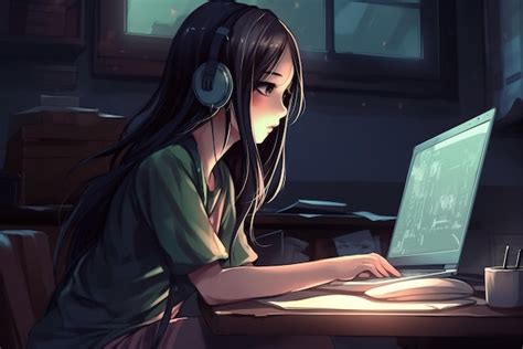 Premium Ai Image Anime Girl With Headphones And A Laptop Generative Ai