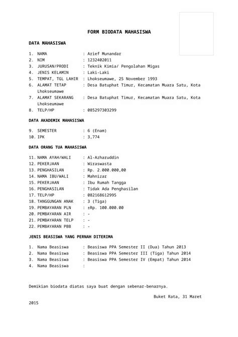 Docx Form Biodata Mahasiswa Dokumen Tips