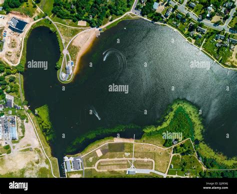 Aerial Top View Of Blue Lakes With Islands And Green Forests In Latvia