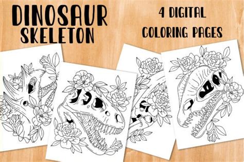 Dinosaur Skull Floral Skeleton Coloring Graphic By Mylittledoodles · Creative Fabrica