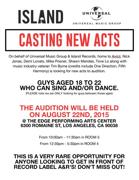 Universal Music Group / Island Records Open Auditions For Music Label ...