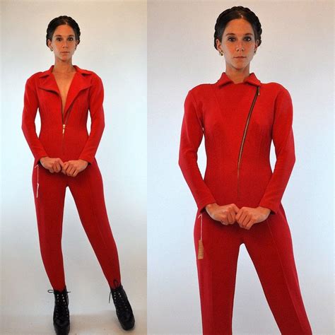 Vintage 80s Spandex Red Zip Front Disco Bodysuit Jumpsuit W Plunging V