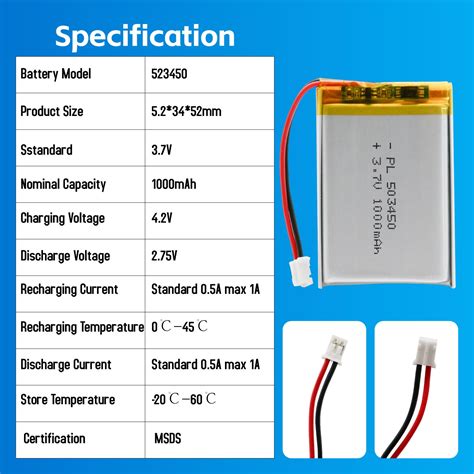 1000mah 523450 Rechargeable Dash Camera Lipo Battery