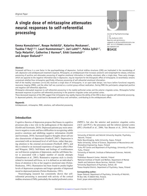 PDF A Single Dose Of Mirtazapine Attenuates Neural Responses To Self