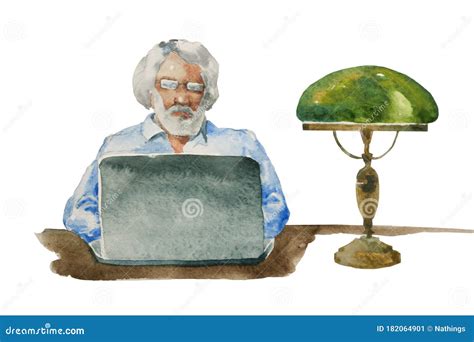 Watercolor Portrait Of A Senior Bearded Man In Front Of A Laptop