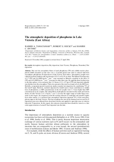 Pdf The Atmospheric Deposition Of Phosphorus In Lake Victoria East