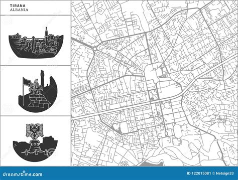 Mapa De La Ciudad De Tirana Con Los Iconos A Mano De La Arquitectura