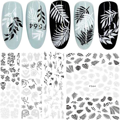 Jmeowio Blatt Nagelsticker Schwarz Wei Blumen Nagelaufkleber