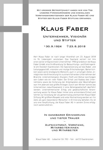 Traueranzeigen Von Klaus Faber Saarbruecker Zeitung Trauer De