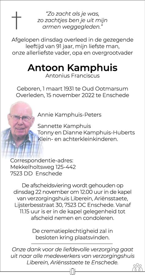 Antoon Antonius Franciscus Kamphuis 15 11 2022 Overlijdensbericht En