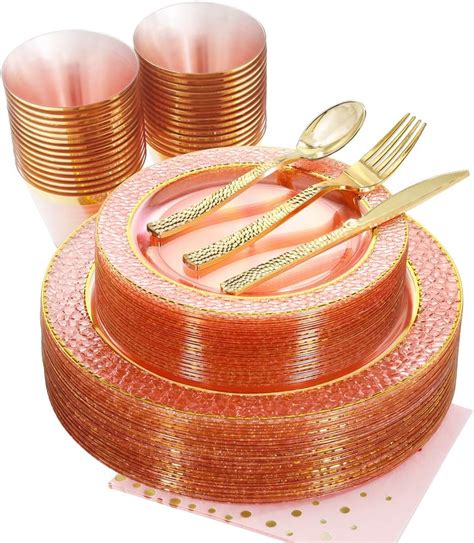 Amazon Nervure 175PCS Pink And Gold Plastic Plates Pink