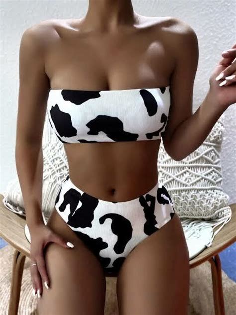 SHEIN Cow Print Bandeau Tube Two Piece Bikini Swimsuit Women S