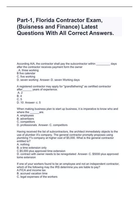 Part-1, Florida Contractor Exam, (Buisness and Finance) Latest