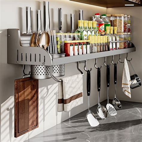 Yun Jie Ya Gun Gray Black Kitchen Storage Rack Wall Mounted Seasoning