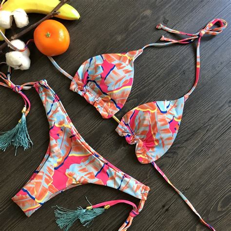 Sexy Women Low Waist Bikini Solid Color Swimwear Floral Print Bathing Suits Split Halter String